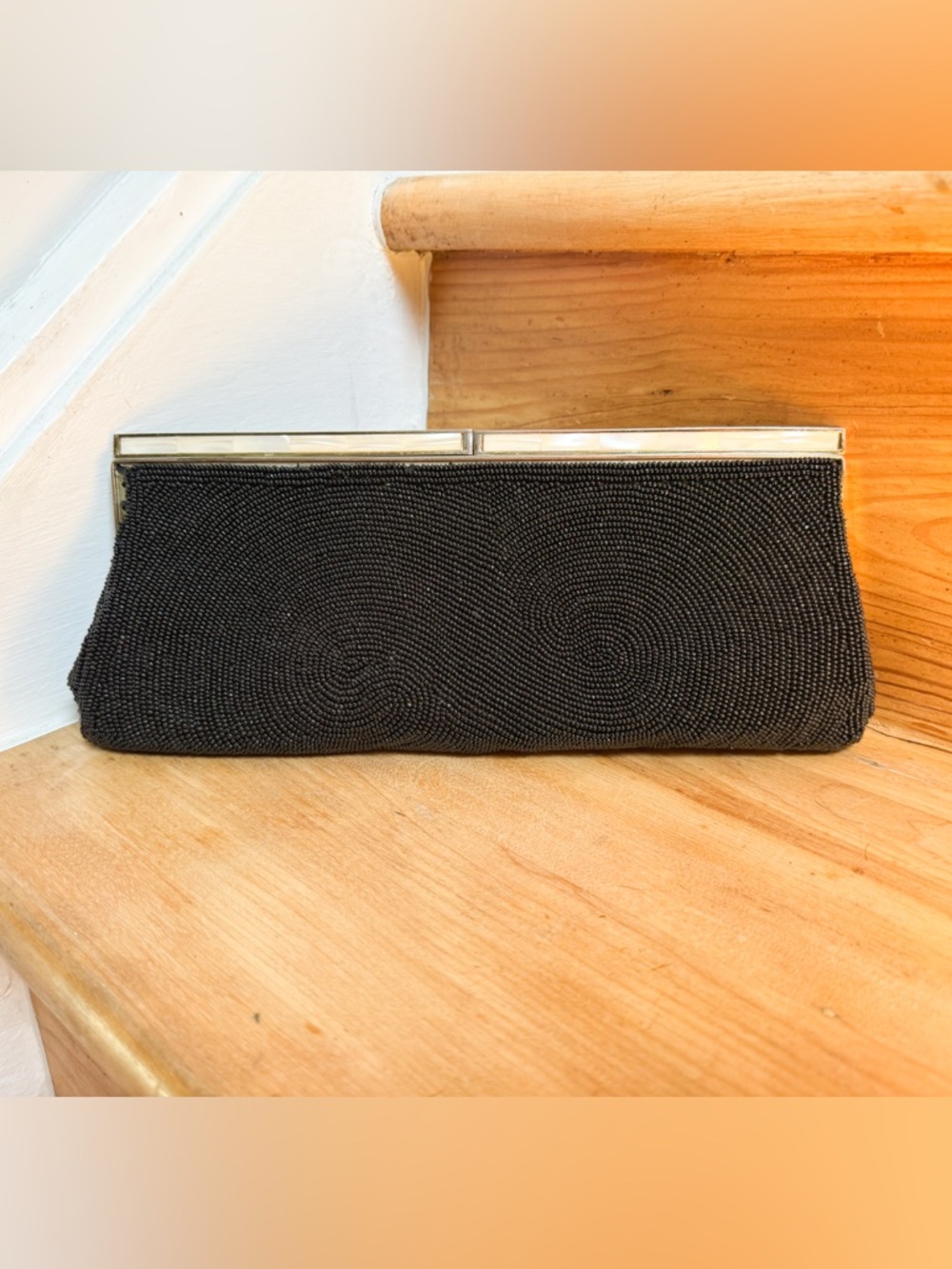 1960s Black Beaded Evening Clutch with Mother of Pearl inlay